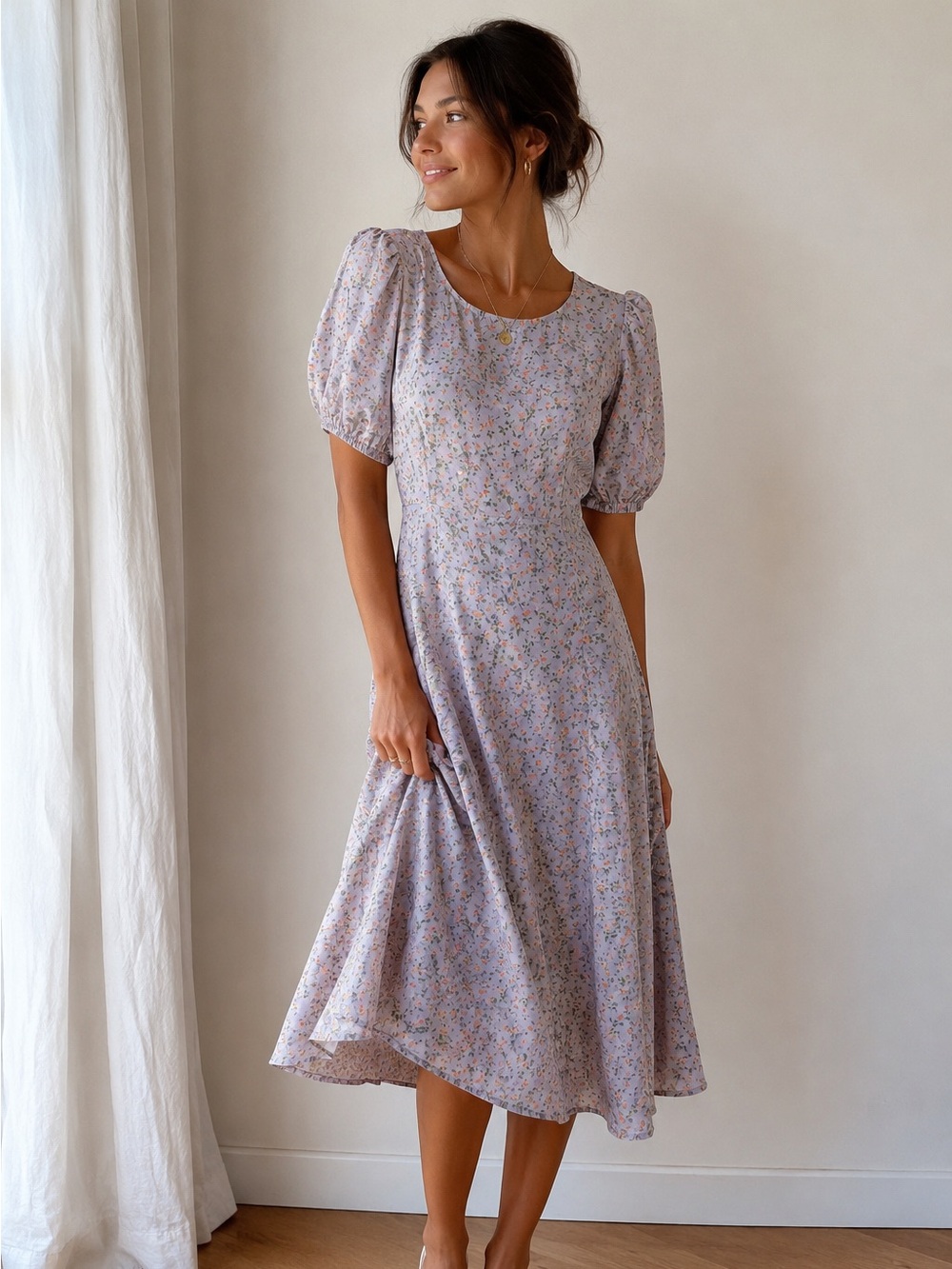 Vintage-Inspired Pink Floral Puff Sleeve Midi Dress – Size L 🌸✨